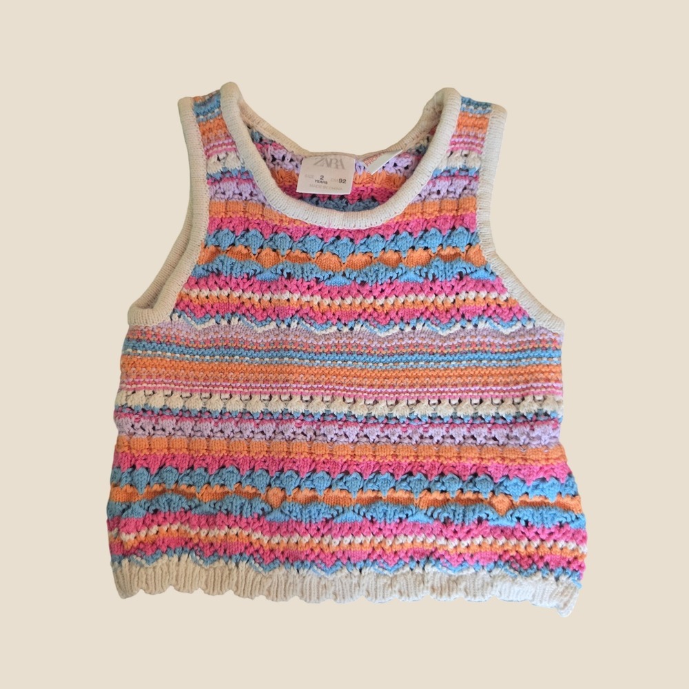 Zara Kids Multi Color Striped Crochet Knit Tank Top Sleeveless Scalloped Hem 2T